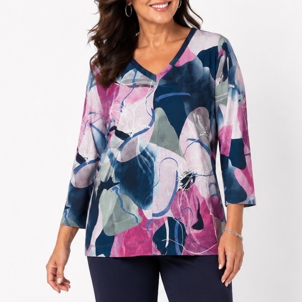 Chico's Pima Cotton Abstract Floral V-Neck 3/4 Sleeve Top Size 3 XL Multi-Color